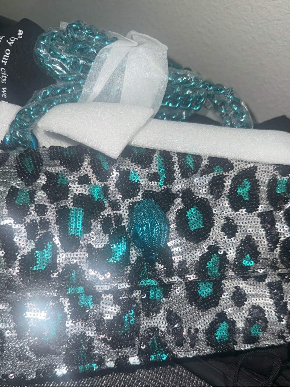 New Kurt Geiger Teal and Silver Sequined Leopard Accent eagle blue strap